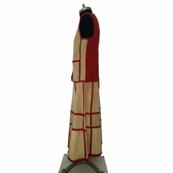 Vtg 70s Two Tone Suede Leather Patchwork Skirt Vest Set 5/6 - Picture 4 of 11